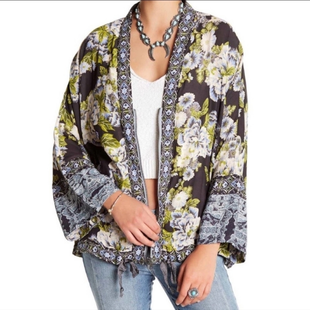 Free People Women's Boho Cinched Wildflower Kimono Full Zip Blouse Sz XS/S - Picture 16 of 16